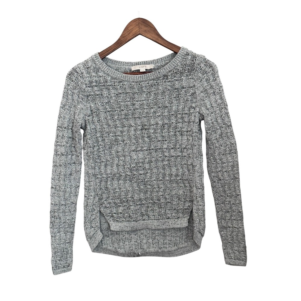 Ann Taylor Loft XS Gray Crocheted Sweater, Long Sleeve High-Low Hem